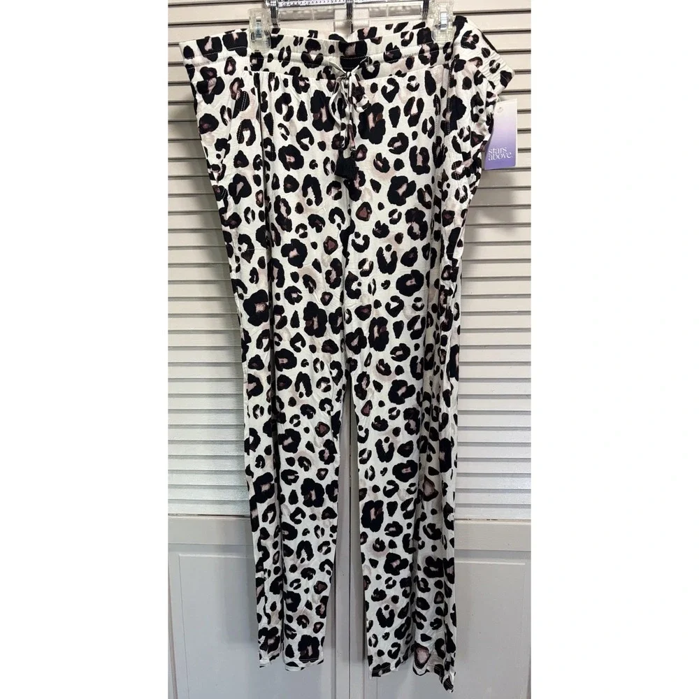 Stars Above Leopard Print Pajama Pants Size 2X Wide Leg Elastic/Tie Waist